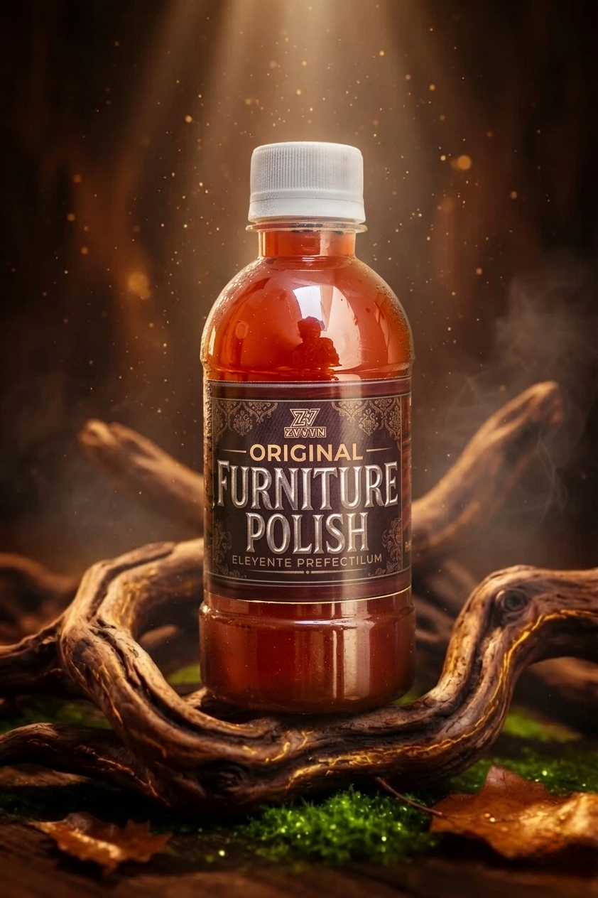 Bottle of original furniture polish on rustic wooden surface with natural background