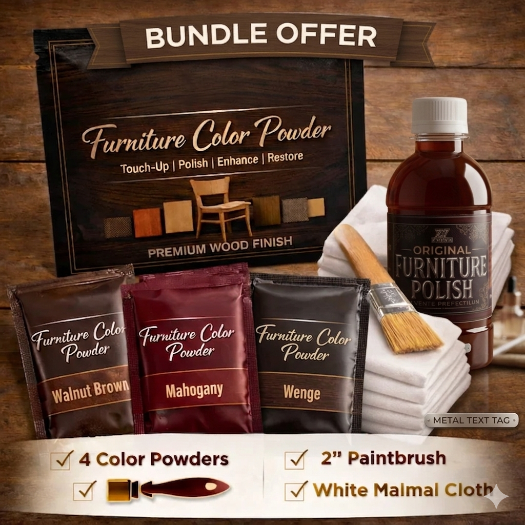 Furniture wood polish bundle with color powders, paintbrush, cloth, and polish bottle.