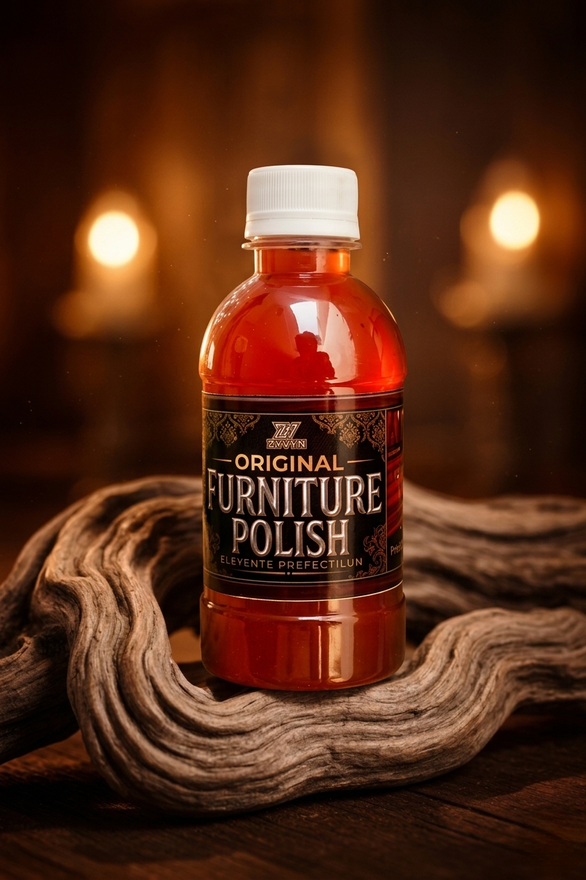 Bottle of original furniture polish with white cap on wooden surface, warm background lighting.