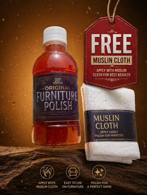 Bottle of original furniture polish with free muslin cloth, ideal for wood surface shine.